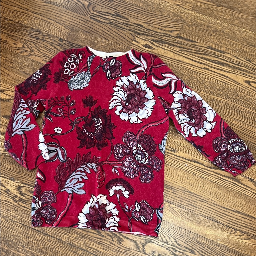 Talbots Red And Cream Floral Cashmere Sweater